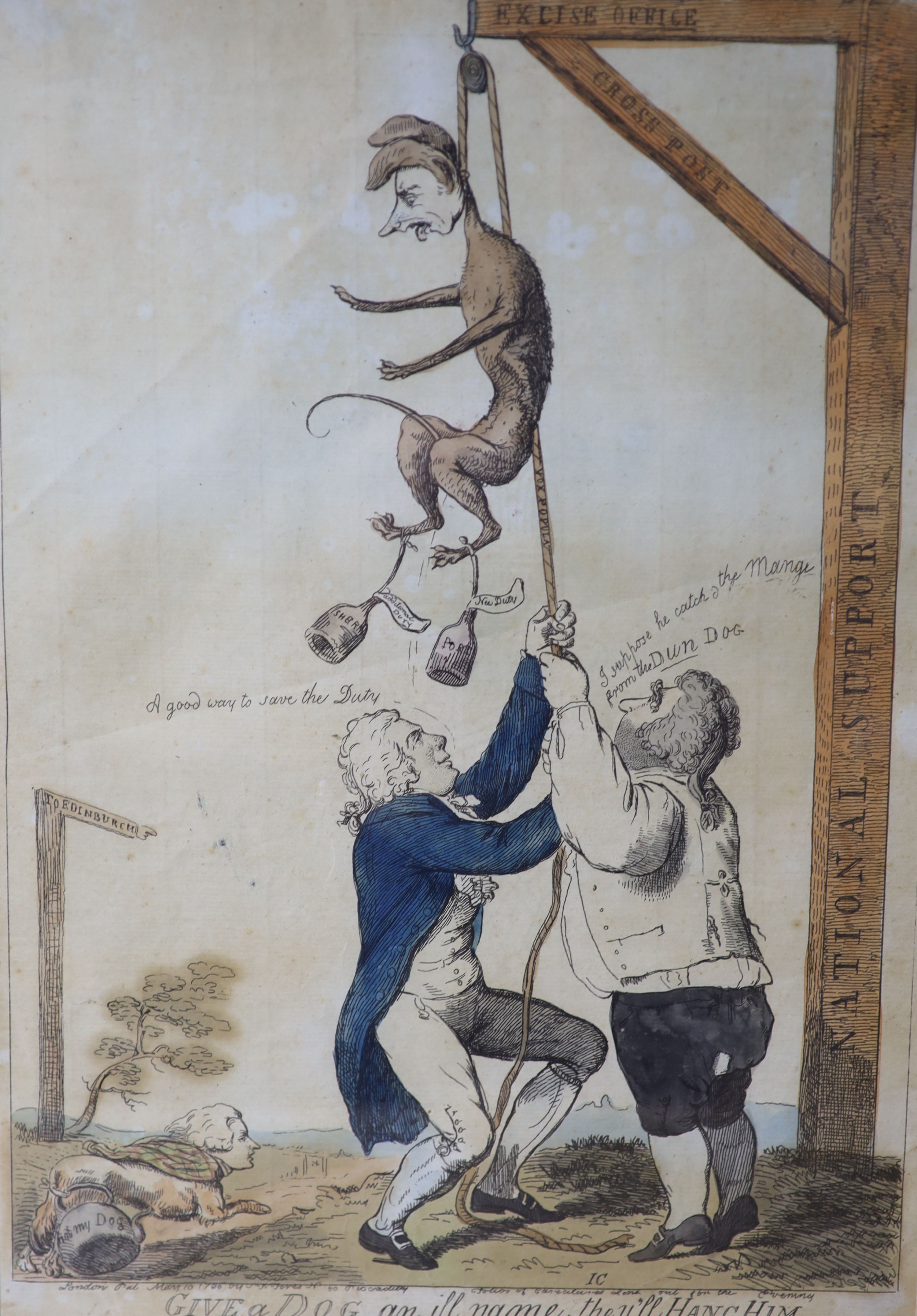 After Isaac Cruikshank (1756-1810), ‘Give a Dog an ill Name, they’ll Hang Him’, dated May 10 1796, 42 x 32cm